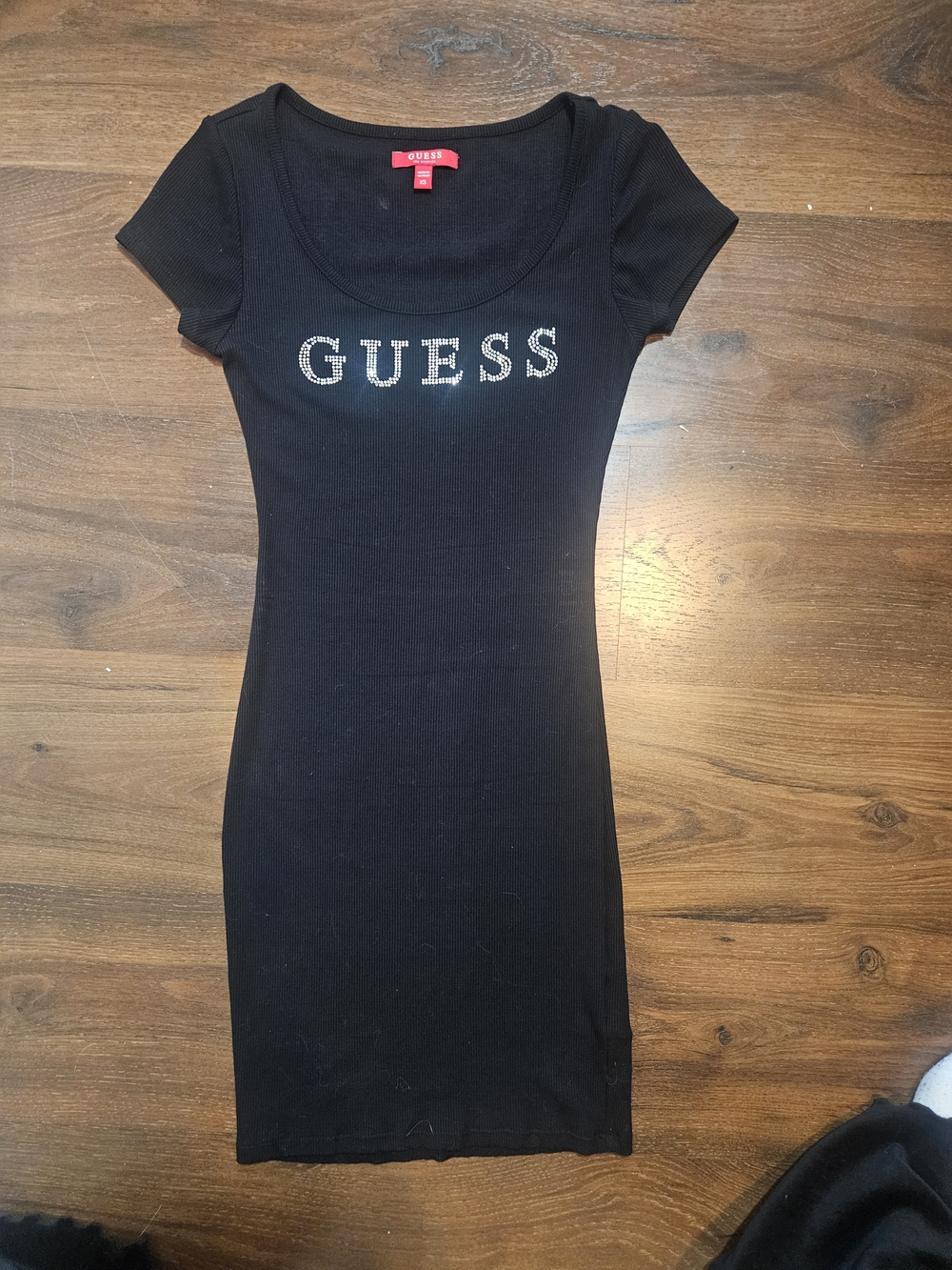 GUESS Rhinestone Logo Black Ribbed Bodycon Dress XS - Picture 5 of 6